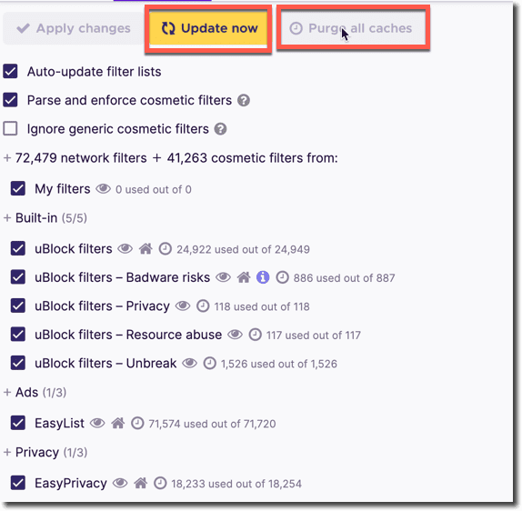 purge ublock cache and update